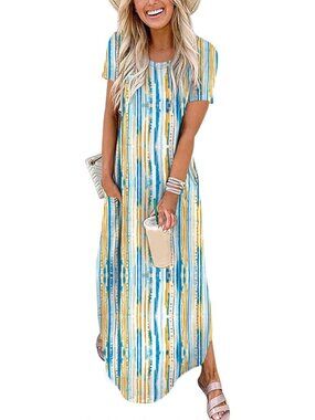 Women's Maxi Dress Blue Ooange Ripples Crew Neck Cap Sleeves A LINE Summer Soft